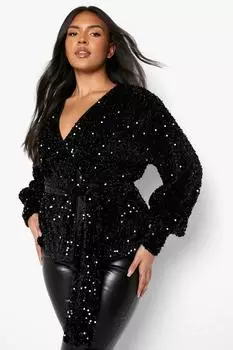 Бархатный топ с пайетками plus Boohoo, черный