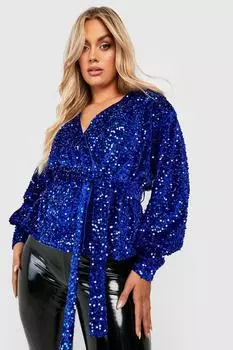 Бархатный топ с пайетками plus Boohoo, кобальтовый