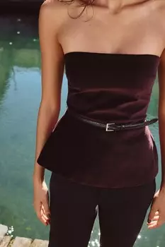 Бархатный топ с поясом ZARA, бордовый