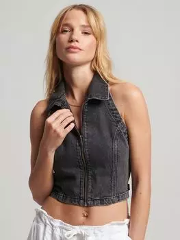 Бархатный топ с воротником на молнии Superdry, вымытый черный