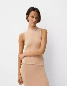 Бархатный топ с высоким воротом и завязкой Bershka, желтый