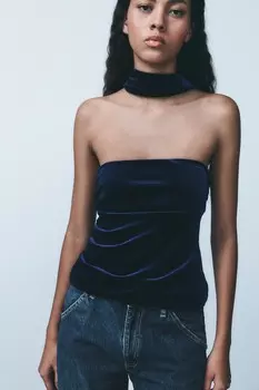 Бархатный топ ZARA, темно-синий