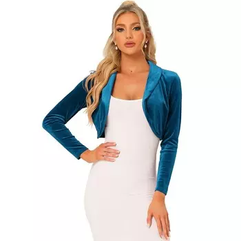 Бархатный укороченный топ для женщин, кардиган с открытым передним воротником и длинными рукавами ALLEGRA K, цвет Peacock Blue