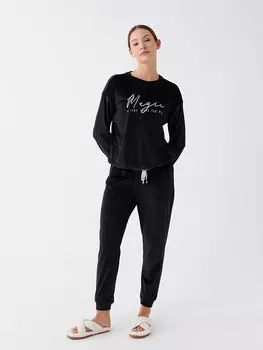 Бархатный женский пижамный комплект с круглым вырезом и длинными рукавами с вышивкой LCW DREAM, новый черный