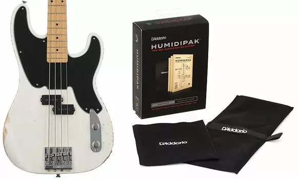 Бас-гитара Fender Mike Dirnt Road Worn Precision Bass — белая блондинка с кленовой накладкой на гриф в комплекте с увлажнителем D'Addario с автоматической системой контроля влажности Fender + D'Addario 0138412701=1 PW-HPK-01=1