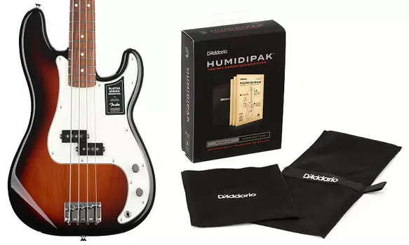 Бас-гитара Fender Player Precision Bass — 3-тональные солнечные лучи с накладкой на гриф Pau Ferro в комплекте с увлажнителем D'Addario с автоматической системой контроля влажности Fender + D'Addario 0149803500=1 PW-HPK-01=1