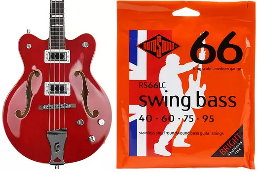 Бас-гитара Gretsch G5442BDC - Прозрачный красный комплект с Rotosound RS66LC Swing Bass 66 Струны для бас-гитары с круглой обмоткой из нержавеющей стали - 4-струнная мензура средней длины .040-.095