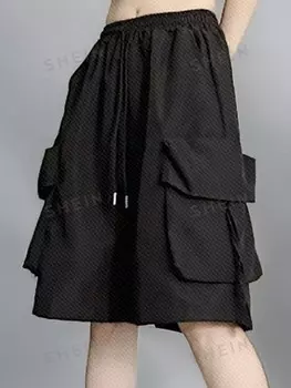 BASICS Повседневные однотонные тканые шорты-бермуды с высокой талией и широкими штанинами для женщин с рабочими карманами Shein, черный