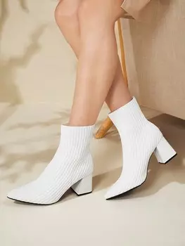 BASICS Женские ботильоны, заостренный кончик, толстый каблук, белые носки, туфли для отдыха Cuccoo, белый