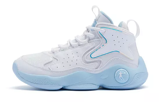 Баскетбольные кроссовки женские высокие белые / полумесяц синие Qiaodan