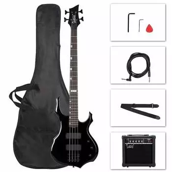 Басс гитара Glarry Black Burning Fire Electric Bass Guitar HH Pickups + 20W Amplifier