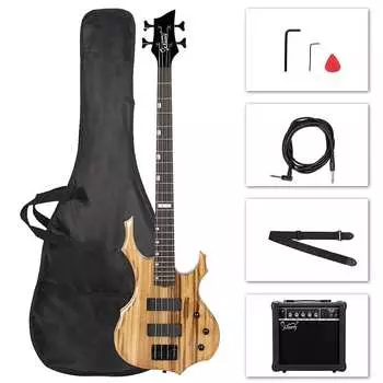 Басс гитара Glarry Burlywood Burning Fire Electric Bass Guitar HH Pickups + 20W Amplifier