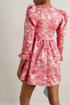 BATSHEVA Платье мини из жаккарда с цветочным принтом и оборками, красный