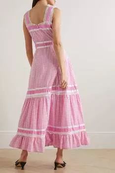 BATSHEVA Ярусное платье макси из хлопка и поплина в мелкую клетку с кружевом и атласом Meadow, розовый