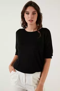 Базовая блузка из 100% хлопка с рукавами три четверти и круглым вырезом 5863589 Lela