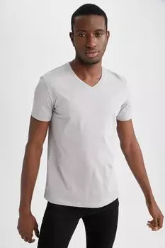 Базовая футболка из 100 % хлопка приталенного кроя с v-образным вырезом DeFacto, серый