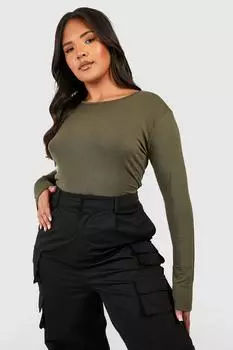 Базовая футболка Plus с овальным вырезом и длинными рукавами boohoo, хаки