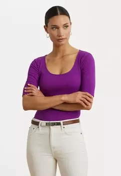 Базовая футболка Rib Knit Cotton Blend Elbow Sleeve Tee Lauren Ralph Lauren Petite, фиолетовый