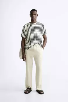 Базовая футболка среднего веса ZARA, экрю/темно-синий