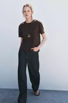 Базовая хлопчатобумажная футболка ZARA, коричневый