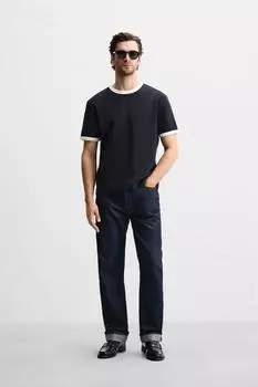 Базовая контрастная футболка в рубчик ZARA, темно-синий