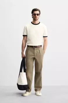 Базовая контрастная футболка в рубчик ZARA, устрично-белый
