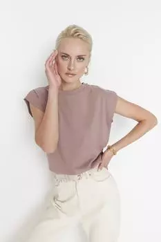 Базовая трикотажная футболка с круглым вырезом из 100 % хлопчатобумажной ваты Trendyol, коричневый