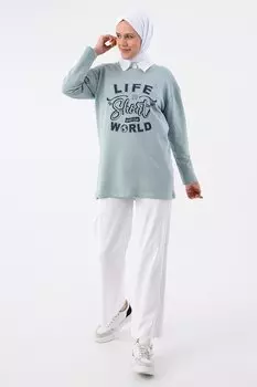 Базовая туника удобного кроя из хлопка с принтом темно-мятного цвета ALL DAY