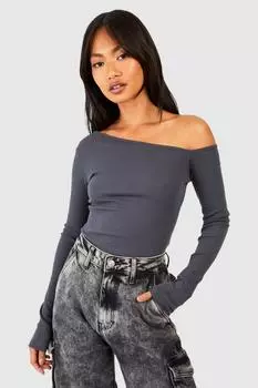 Базовое асимметричное боди в рубчик с длинными рукавами boohoo, серый
