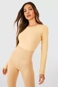 Базовое боди из хлопка с длинным рукавом и круглым вырезом Boohoo, песочный