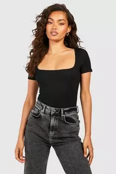 Базовое боди в рубчик с квадратным вырезом и короткими рукавами boohoo, черный