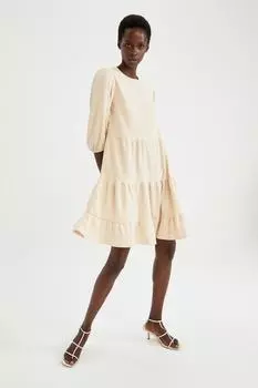 Базовое мини-платье А-силуэта с короткими рукавами и воланами DeFacto, бежевый