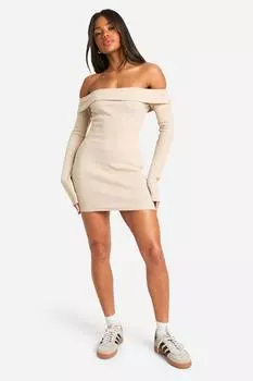 Базовое мини-платье в рубчик с открытыми плечами boohoo, бежевый
