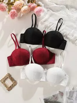 Базовое нижнее белье и одежда для сна, комплект из 3 женских однотонных кружевных бюстгальтеров на косточках с чашками, размер B Shein, мультиколор