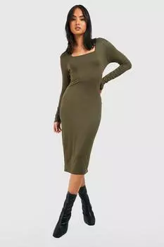 Базовое платье миди с квадратным вырезом boohoo, хаки