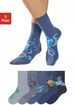 Базовые носки H.I.S (упаковка, 5 пар) с цветными морскими обитателями, синий