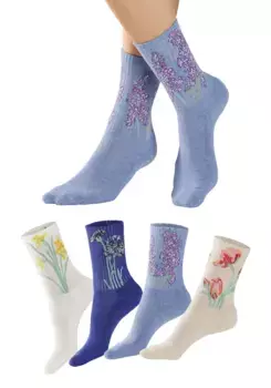 Базовые носки LASCANA (упаковка, 4 пары), с вязаными цветочными мотивами, синий