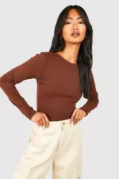 Базовый хлопковый топ с круглым вырезом и длинными рукавами boohoo, коричневый