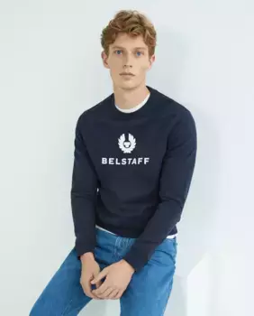 Базовый мужской флисовый длинный рукав с логотипом и крупным именем на груди Belstaff, темно-синий