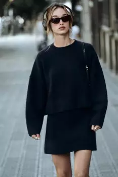 Базовый однотяжной вязки свитер ZARA, темно-синий