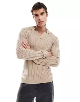 Базовый приталенный свитер темно-серого цвета в рубчик ASOS DESIGN с вырезом горловины