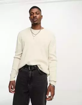 Базовый свитер объемной вязки в рубчик ASOS каменно-бежевого цвета с круглым вырезом