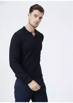 Базовый темно-синий мужской свитер с воротником поло Fabrika