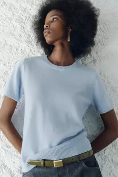 Базовый топ из 100% кашемира с короткими рукавами ZARA, синий