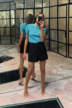 Базовый топ из 100% шерсти с коротким рукавом ZARA, синий