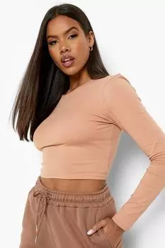 Базовый топ с длинными рукавами и круглым вырезом boohoo, бежевый