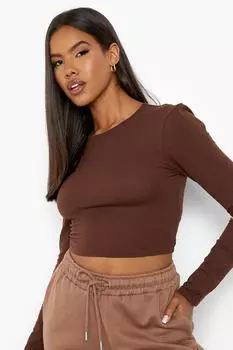 Базовый топ с длинными рукавами и круглым вырезом boohoo, коричневый
