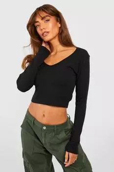 Базовый топ с v-образным вырезом и длинными рукавами Boohoo, черный
