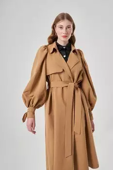 Базовый тренч светло-коричневого цвета с рукавами-фонариками Mizalle, коричневый