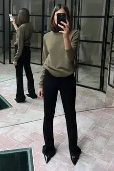 Базовый трикотажный свитер ZARA, средне-зеленый